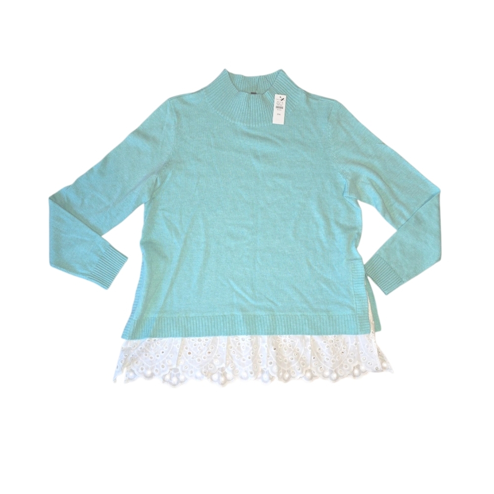 Pullover Sweater Tunic Petite Medium Eyelet Hem Mockneck Blue White NWT Talbots - Picture 2 of 6